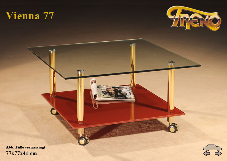 Couchtisch Vienna 77 Glas Fach rot Edelstahl vermessingt